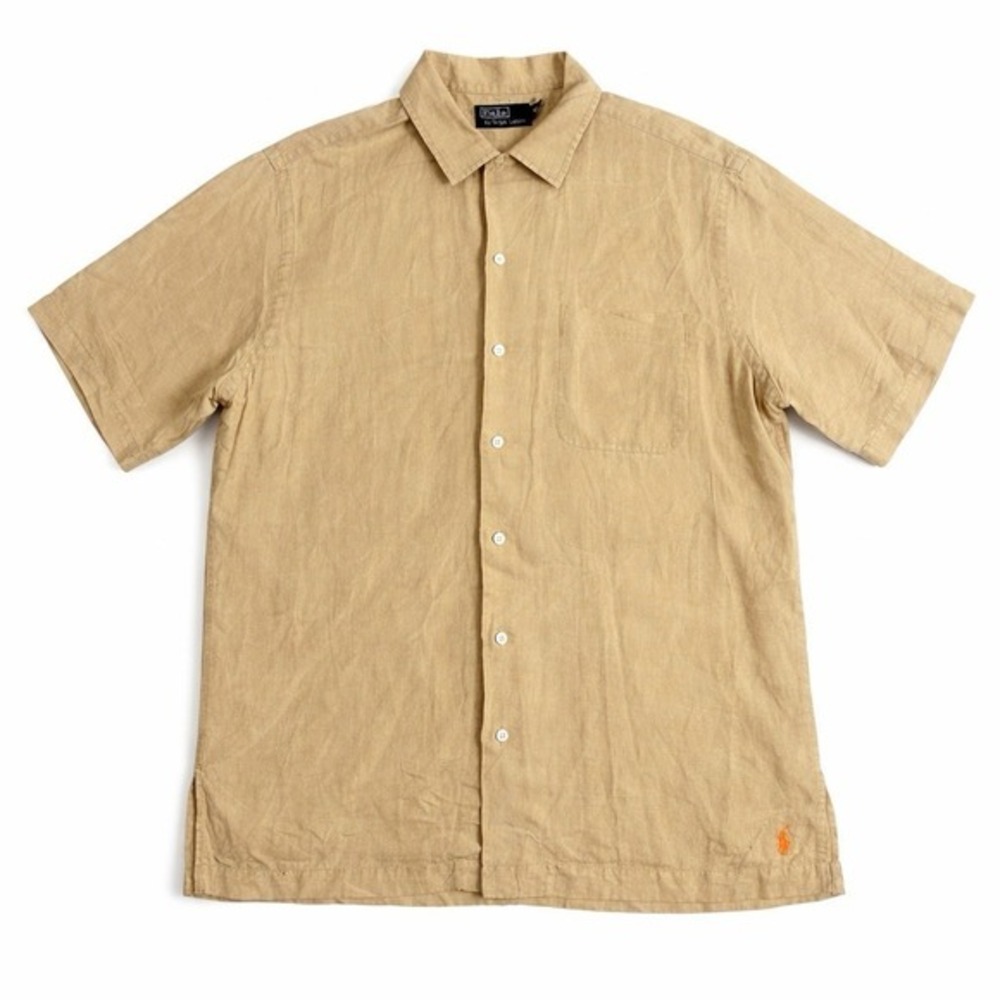 VTG Polo Ralph Lauren Shirt Mens Large Silk Linen Caldwell Loop‎ Camp Collar Tan